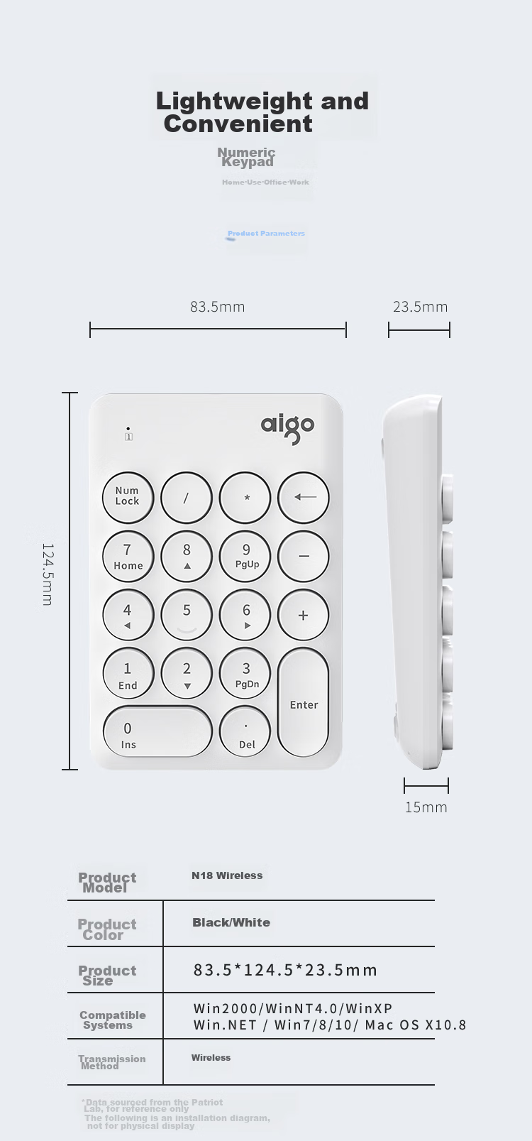Aigo N18MAX White Digital Keyboard, Wireless 2.4G, Scissor Foot Structure, Compatible with Laptops And Desktops, for Finance, Cashier, And Securities Counters, Small Keyboard 6