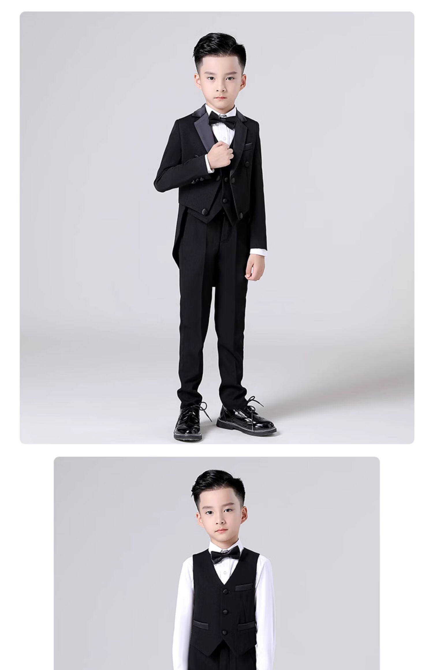 Luomeng Boys' Formal Suit Set, Little Host Piano Performance Outfit, Flower Boy Tailcoat, Black, Size 170 15