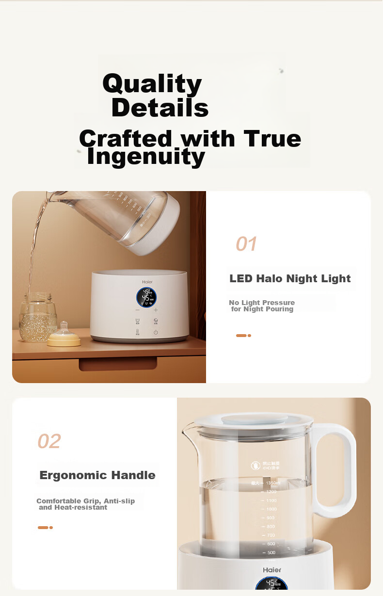 Haier 1.7L Electric Kettle Double-Layer Anti-Scald 304 Stainless Steel High Power Precise Boiling Fast Quiet Dual Power K617WJ White 16