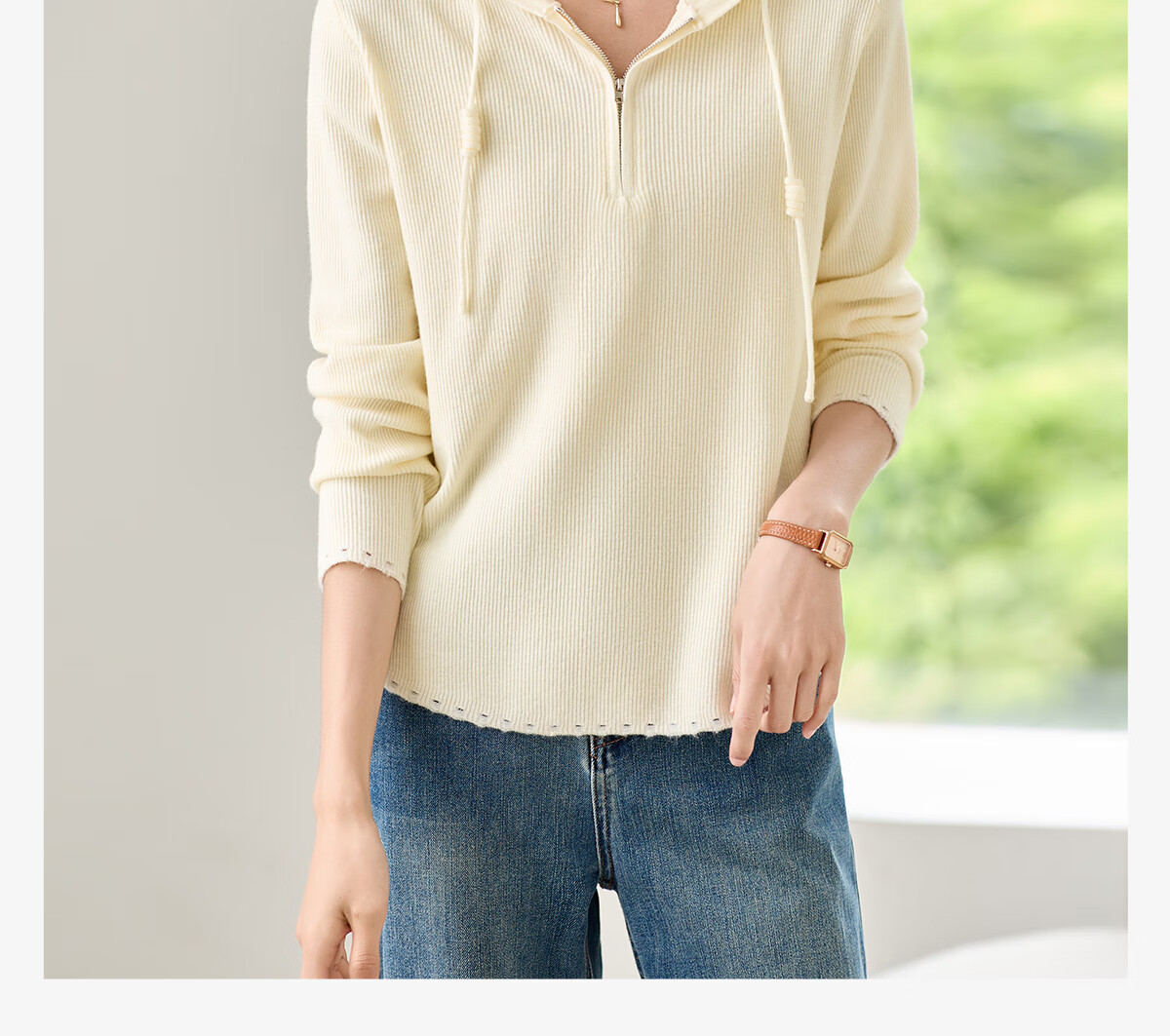 Chushen Women's Hooded Knit Sweater with Drawstring Half-Zip, Fashionable Casual Pullover Top S143Z3012 2