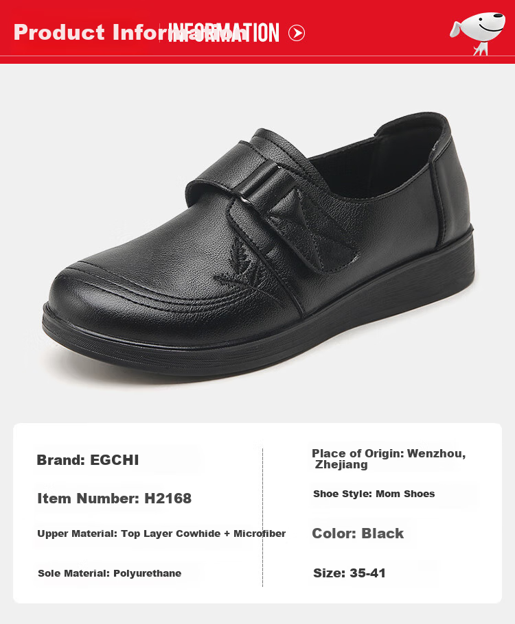 EGCHI Mom Shoes, Casual Top-Grain Leather Soft-Soled Flats, Non-Slip Flat Walking Leather Shoes, H2168, Black, Size 39 8