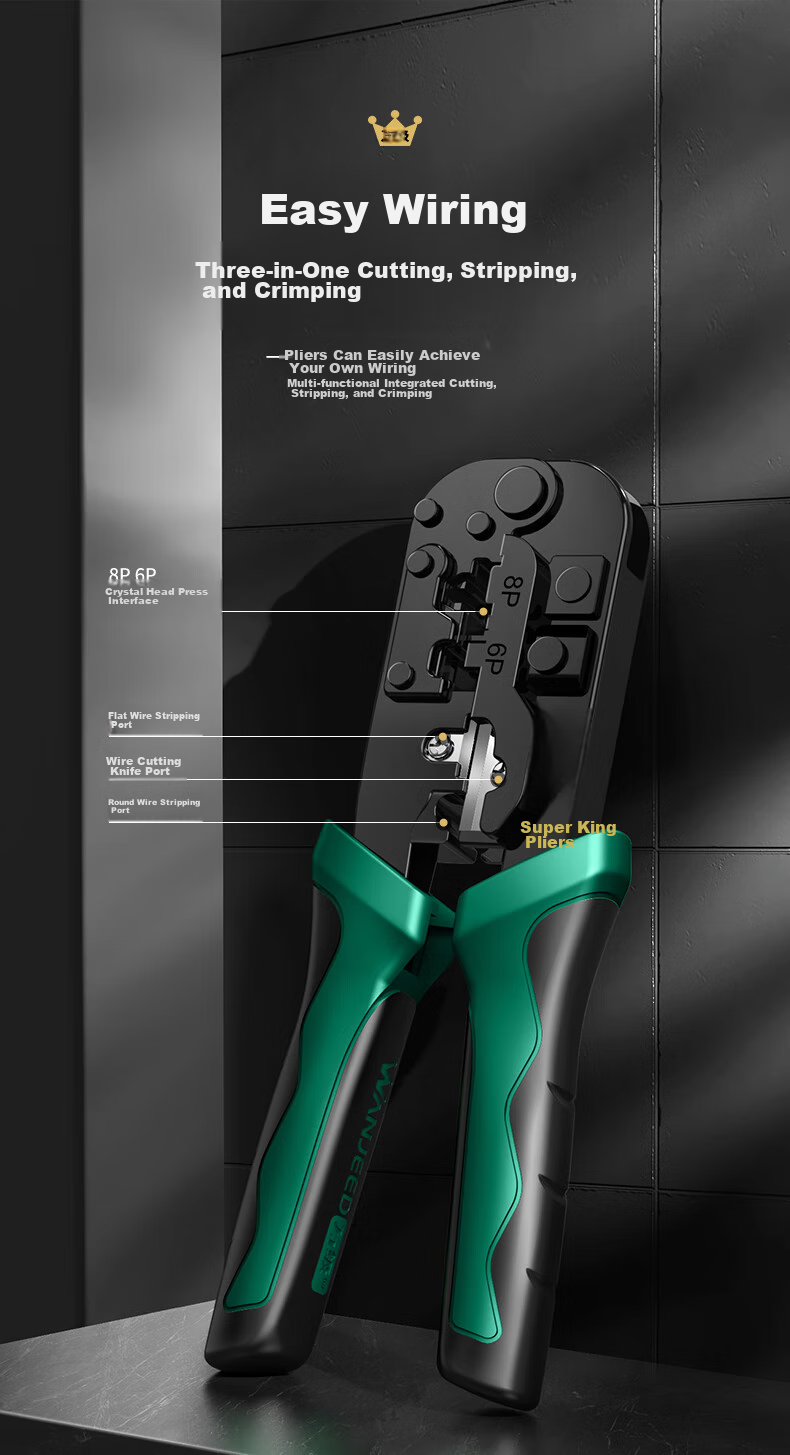 WANJEED Network Cable Crimper, Multifunctional Category 6 RJ45 Crimping Tool, Professional Grade 8P/6P Network And Telephone Line Stripper Cutter Three-In Wire Connector Tool WJ-1689B 8