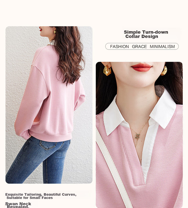 Dme [Waffle Knit Patchwork Sweatshirt] Spring And Autumn Lapel Drop Shoulder Long Sleeve Slightly Stretchy Loose Sweatshirt for Women, Mustard Yellow, S 6