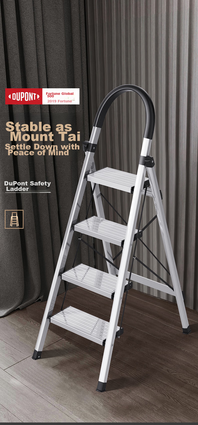 DU PONT Folding Aluminum Alloy Ladder for Home Use, Thickened A-Frame Ladder, Climbing Ladder, Safety Ladder, Handrail Ladder, Champagne Gold, 4 Steps 4
