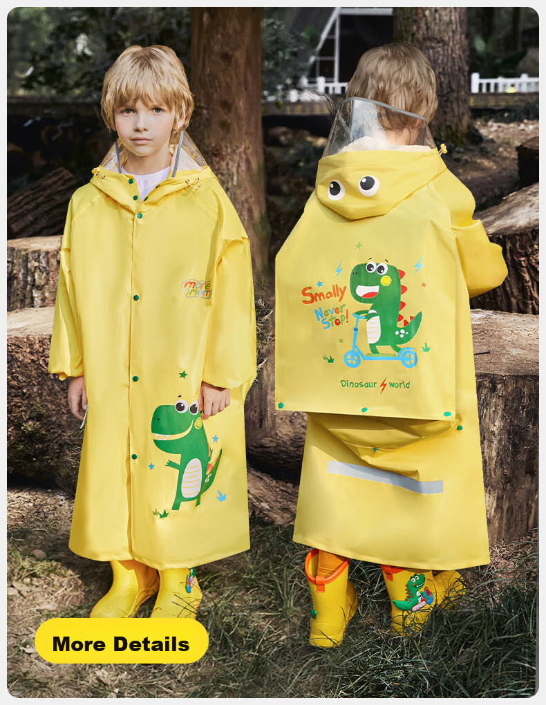 Moremerry Children's Raincoat for Boys And Girls, Elementary School Students' Waterproof Full-Body Raincoat for Older Children, Misty Rain Blue Dinosaur, 3XL 16