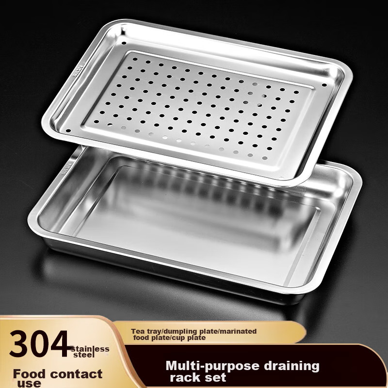 Yutai 304 Stainless Steel Square Plate, Draining Oil Tray, Dumpling Plate with Holes, Tea Tray, 39.5cm