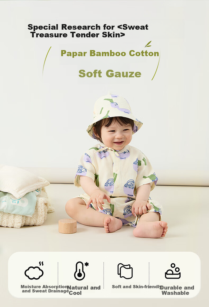 Papa Summer Infant Bamboo Cotton Romper for Boys And Girls, Short-Sleeve Gauze Printed Onesie, Breathable, Blue, 66cm 3