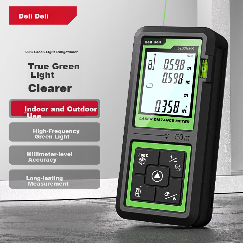 Deli Green Light Rangefinder, Outdoor Handheld Infrared High-Precision Electronic Laser Ruler, Outdoor Room Measuring Device, 50m