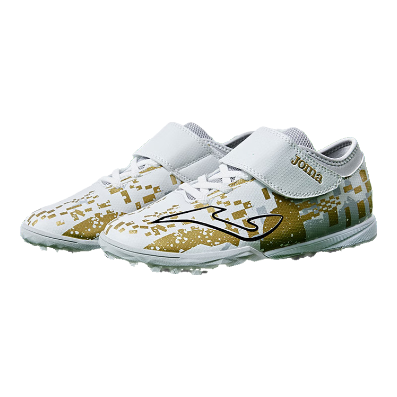 JOMA Soccer Shoes for Children, TF Turf Cleats for Boys And Girls, Youth Elementary School Students' Classic Replica Football Training Shoes, White And Gold, Size 33