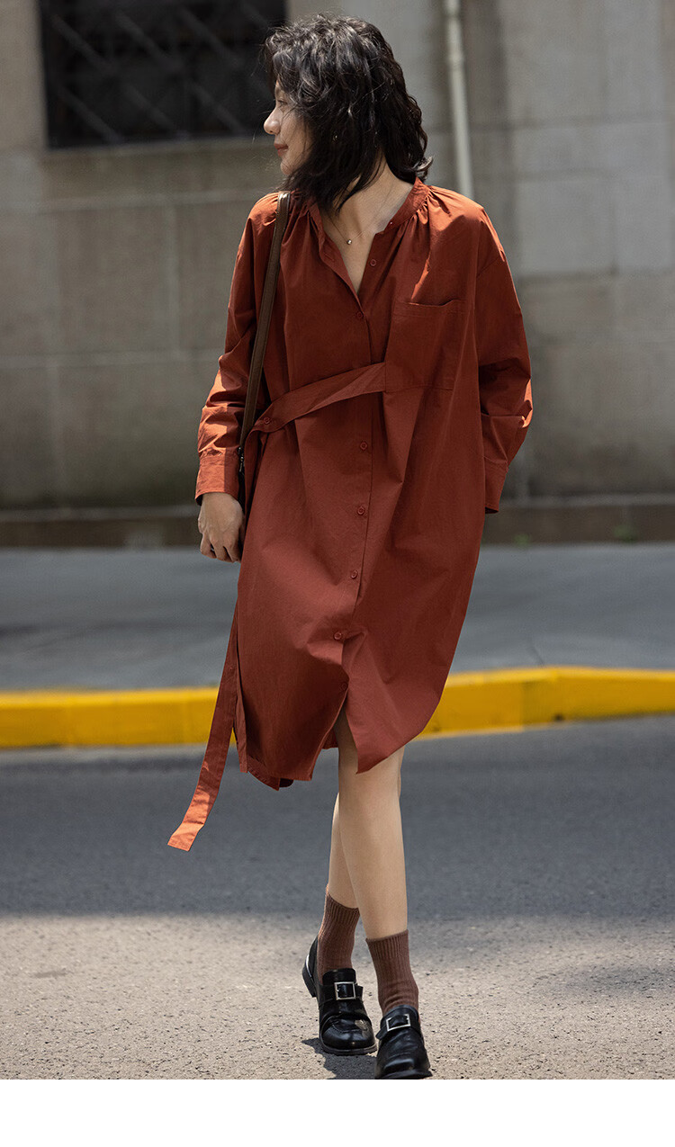 Dme Vintage Shirt Dress with Tie Waist, Niche Design, Loose-Fitting Slimming Dress, Rust Red, S 9