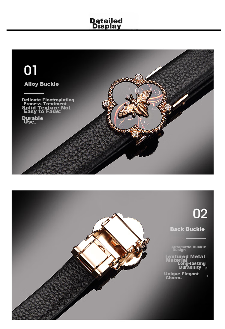 CROCODILE Top-Grain Genuine Leather Versatile Women's Automatic Buckle Belt, Exquisite Bee Buckle Waist Belt, 12821 Black 13