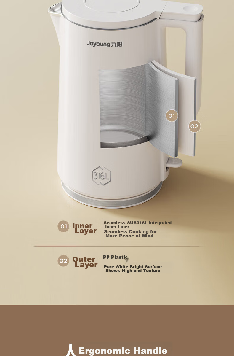 Joyoung Electric Kettle, 2L Large Capacity, 316L Stainless Steel Seamless Inner Tank, No Glue, Household Water Boiler, K20FD-W513 14