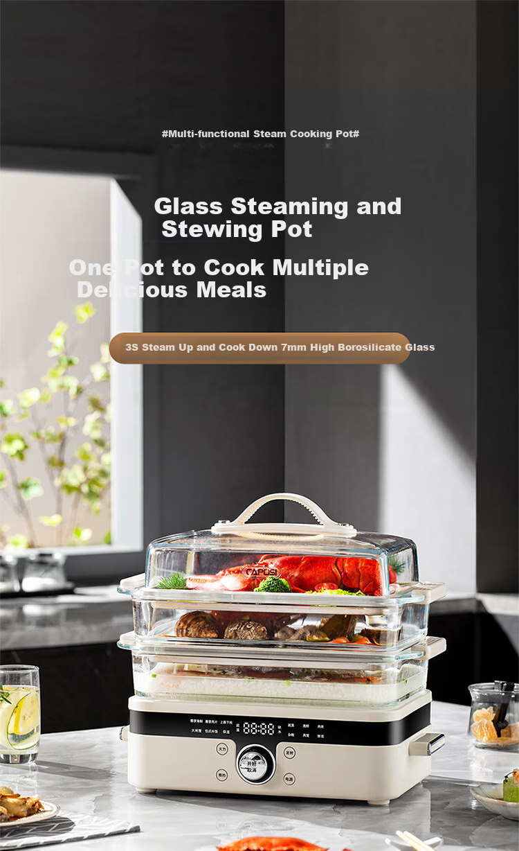 CAPOSI German [0 Coating] Glass Electric Steamer Pot with Stewing And Cooking Functions, 2 Layers, Multifunctional Pot for Home Use, Large Capacity for 3-4 People, Three-Layer Detachable Steam Cooker 3