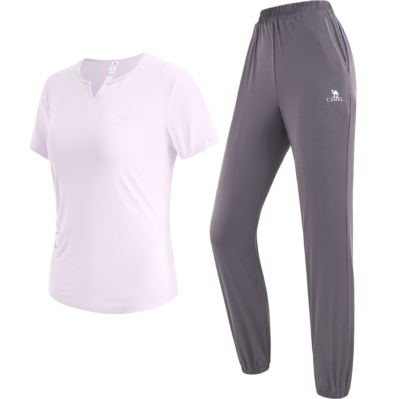 CAMEL Women's Sportswear Set, New Running Yoga Fitness Short-Sleeve Long Pants, Elastic Two-Piece Casual Athletic Outfit