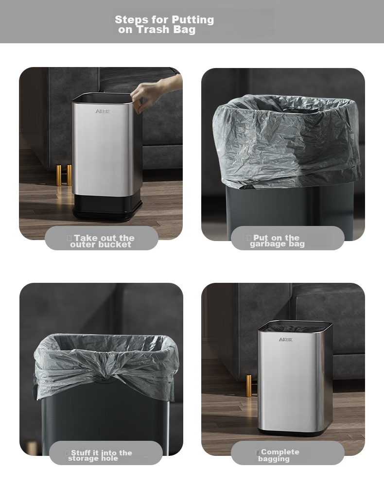 AKBK Stainless Steel Trash Can 15L Silver Large Square Bin for Living Room, Kitchen, Bathroom, Luxury Hotel, Office 12