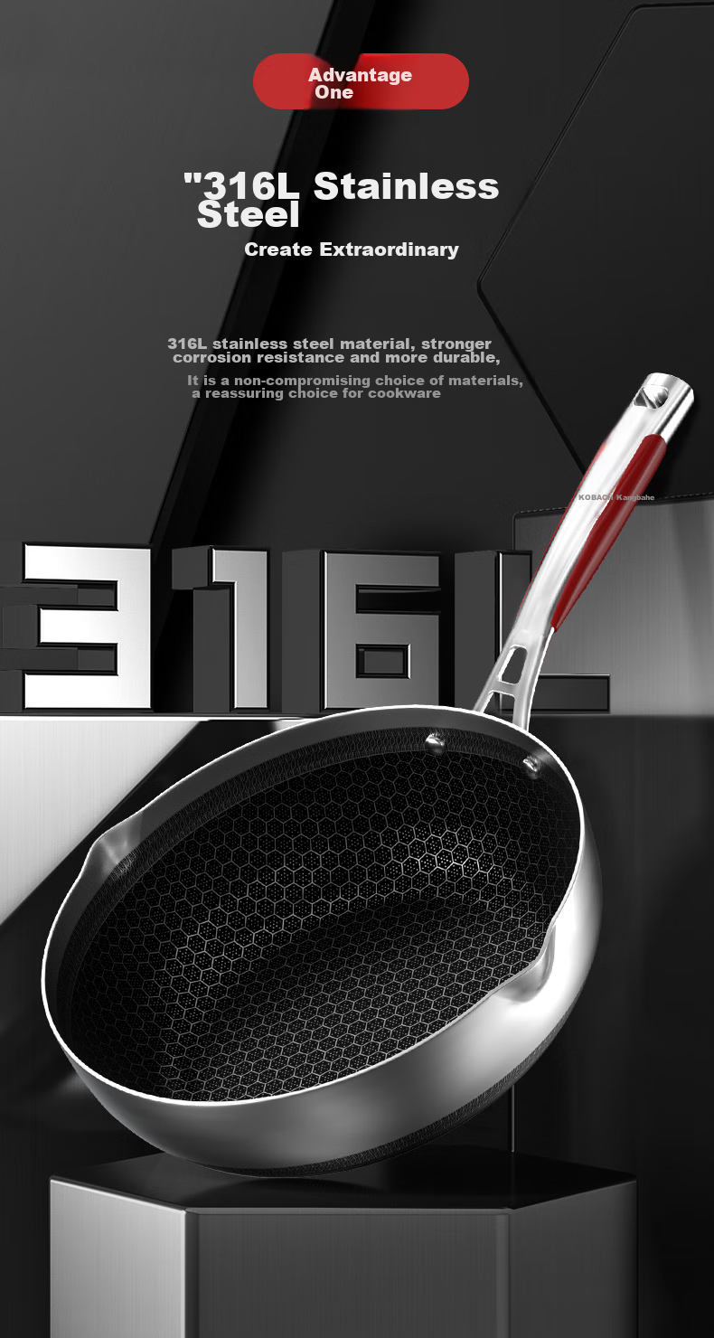 KOBACH Fifth Generation Non-Stick Wok, 316L Stainless Steel, Small Luxury Pan, Flat Bottom Frying And Stir-Frying Pan, 24cm (Suitable for 1-3 People) 3