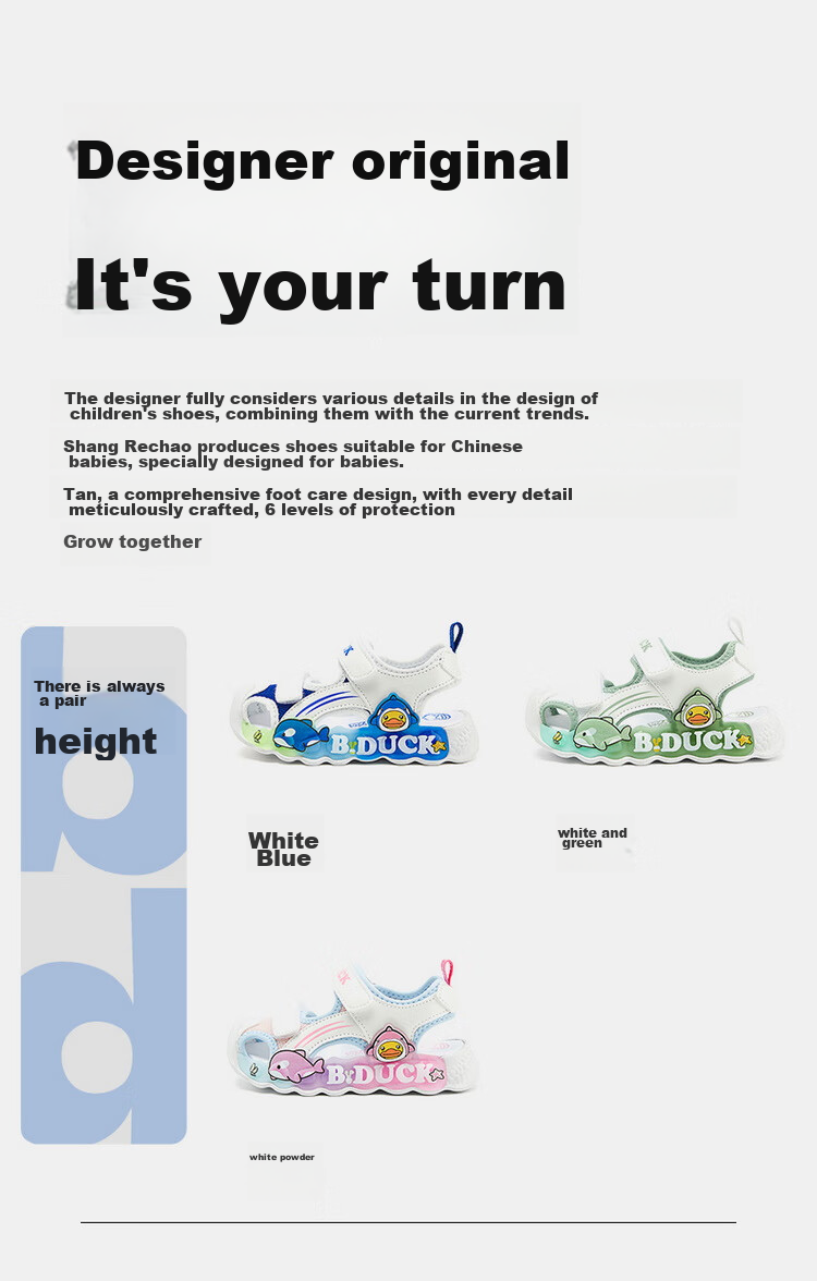 B.Duck Children's Sandals, Cartoon Fashionable Shoes for Boys And Girls, Summer Closed-Toe Beach Sandals, 5006 White And Blue, Size 30 37