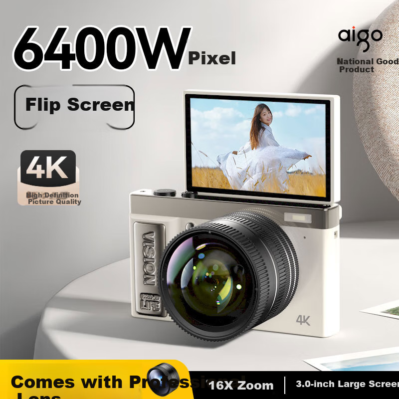 Цифровая беззеркальная камера Aigo E9S с откидным экраном, 4K видео, 64 Мп, 3-дюймовый сенсорный экран, Wi-Fi, зум 30x, для студентов, подарок для девочек, белый, 32 ГБ