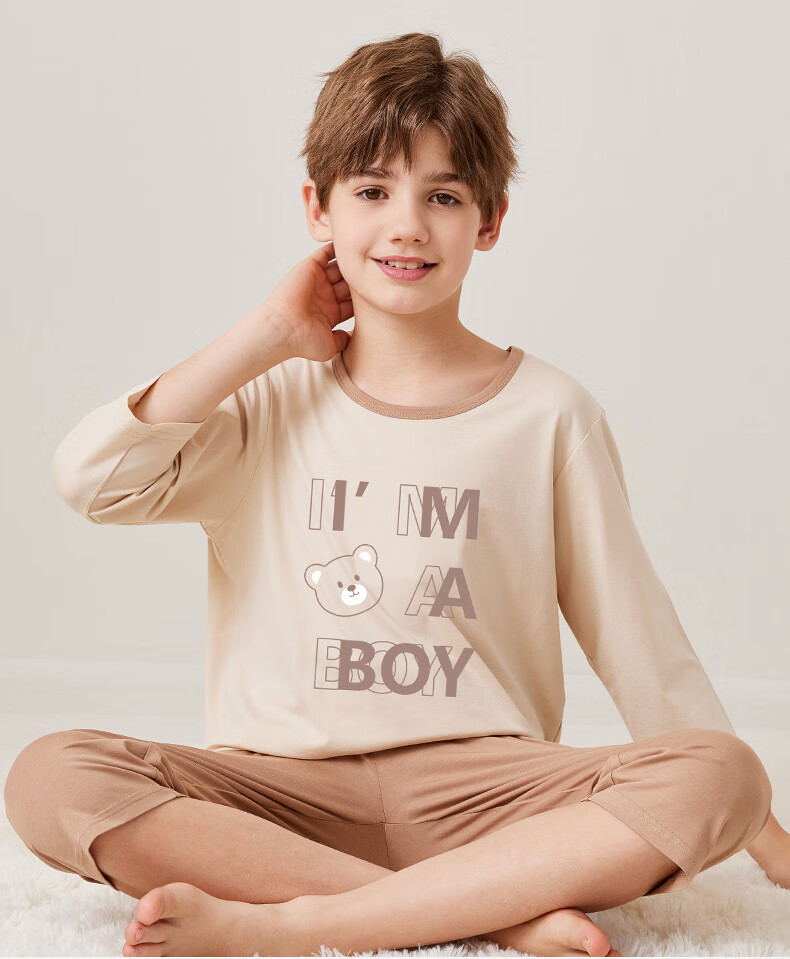 MiiOW Children's Thin Pajamas, Boys' Short-Sleeve Set, Summer Modal Sleepwear for Older Kids, Sky Blue, Size 160 5