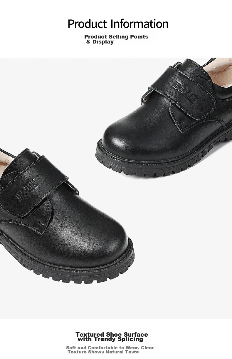 Belle Children's Shoes, Boys' Leather Shoes, Cowhide Student Performance Shoes, Boys' Show Shoes, Spring And Autumn Flats for Older Children, Black, Size 30 9