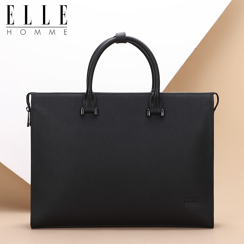 ELLE HOMME Men's Business Briefcase, Stylish Horizontal Cowhide Handbag, Large Capacity Laptop Bag for Men EA088209011 Black