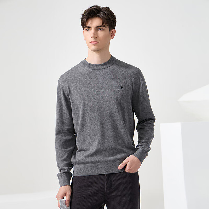DANCING WOLVES 【Wool】 Autumn Winter Classic Men's Thermal Sweater Round Neck Long Sleeve 025 Heather Gray 190