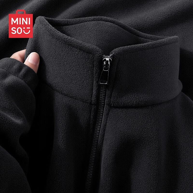 MINISO Fleece Jacket for Men, Winter Warm Coat, Fleece-Lined Cardigan Inner Liner Jacket, Black, M
