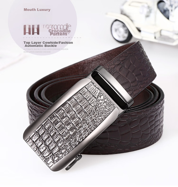 Cattlesboss Men's Leather Belt with Automatic Buckle, Alligator Pattern Business Belt 7075 Gift Elegant Black 110cm 1