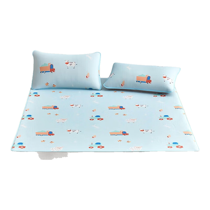 Luolaikids Happy Farm Class A Ice Silk Mat Cooling Mat for Two People, Three-Piece Set, Blue, 180*200*30 [Washable]