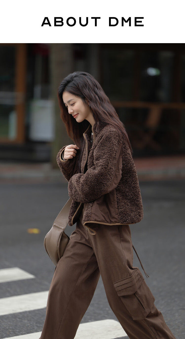 Dme Vintage Plush Jacket Autumn And Winter Style Irregular Arc Zipper Faux Sherpa Coat for Women Coffee Color L 1