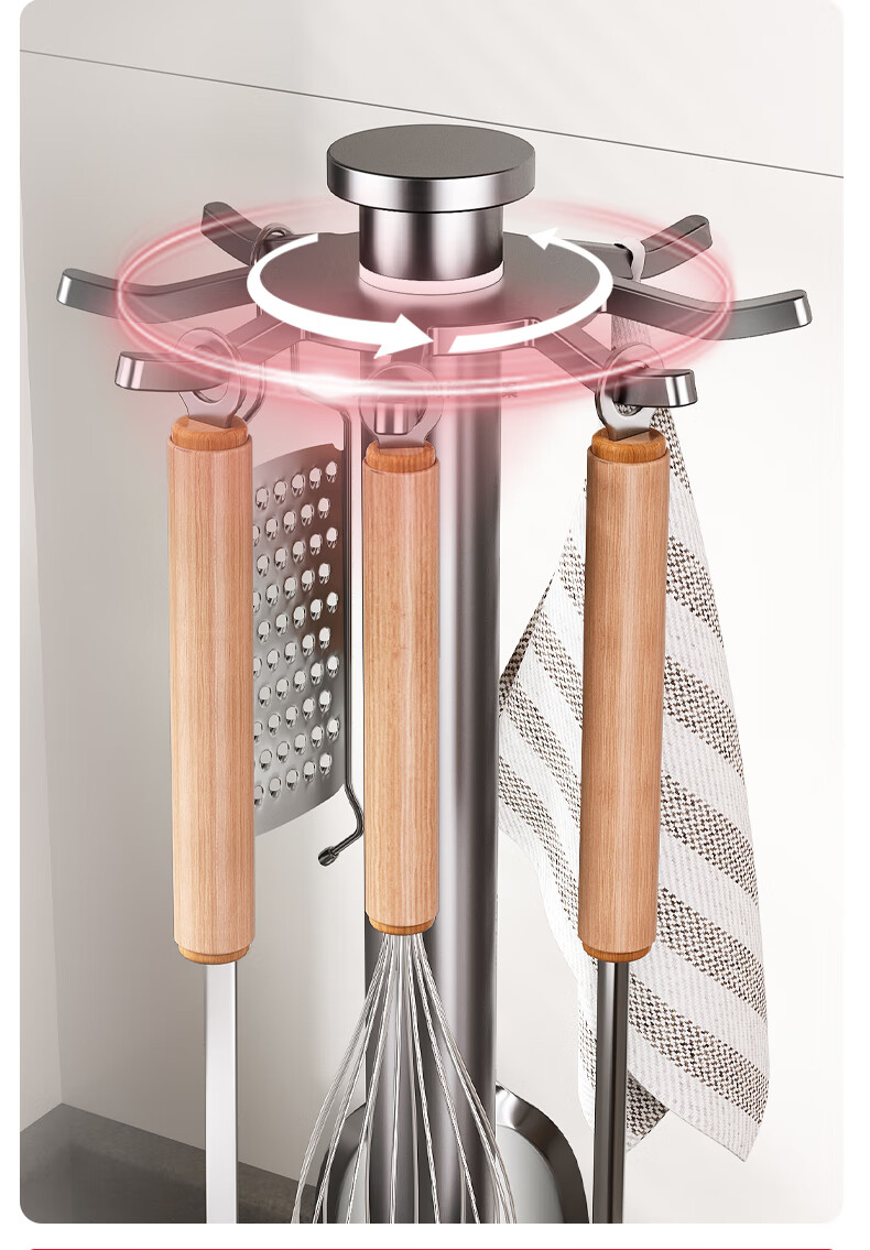 Meichu Kitchen Multifunctional Rotating Storage Rack with Pot and Spatula Hooks, Ladle Holder Organizer 11