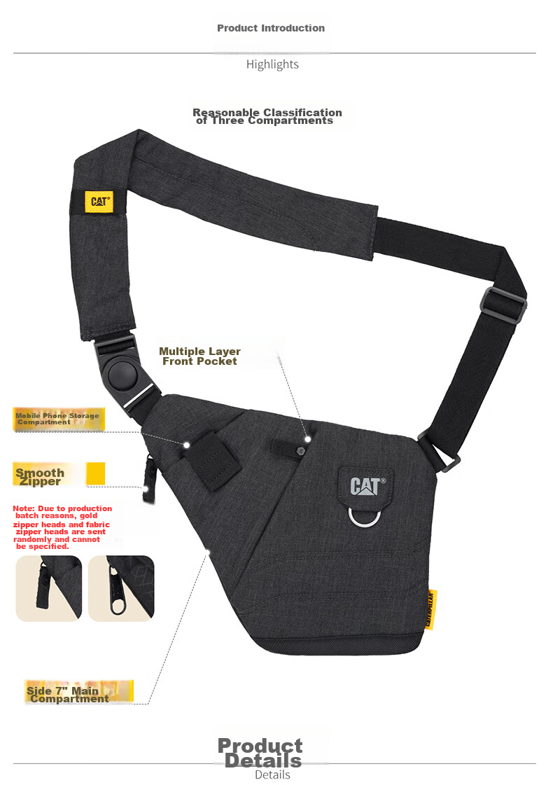 CAT Crossbody Bag, Trendy Chest Bag, Gun Bag, Casual Motorcycle Bag, Close-Fitting Shoulder Bag for Men, Water-Resistant Sports Bag, Black with Dark Pattern, 84060 3