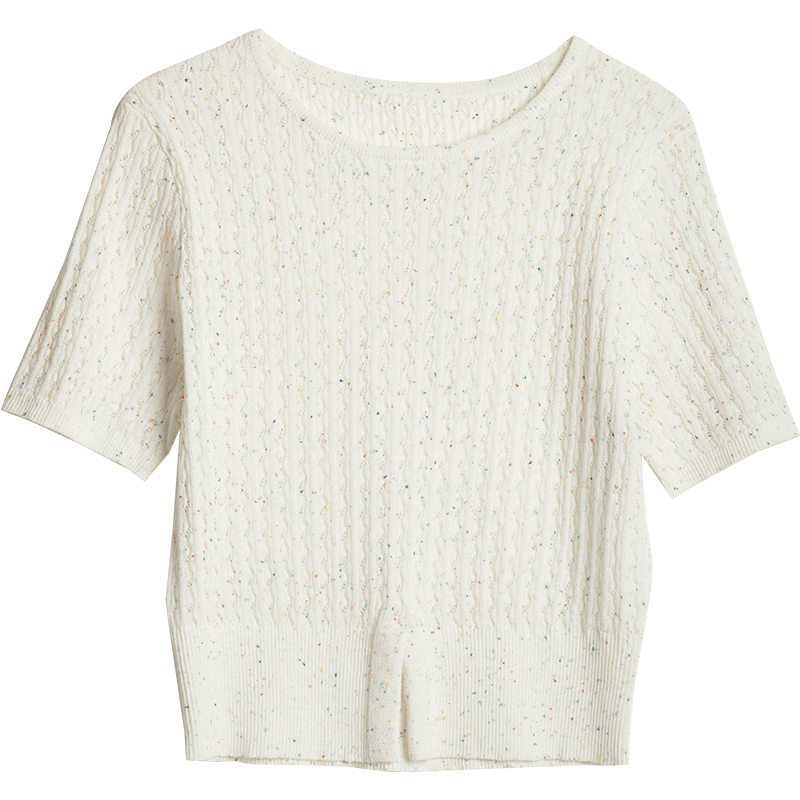 Olrain Eurielle French Style Short Sleeve Knit Top Summer Women's Colorful Split Round Neck Pullover White L