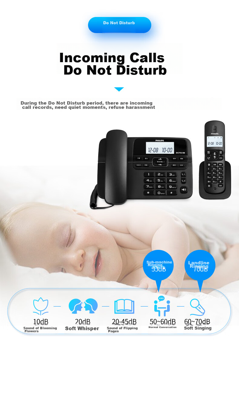 PHILIPS Digital Cordless Telephone Office And Home Landline Phone with Extension Handset, Hands-Free/One-Touch Dialing/DCTG188 Two-Line (Black) 7