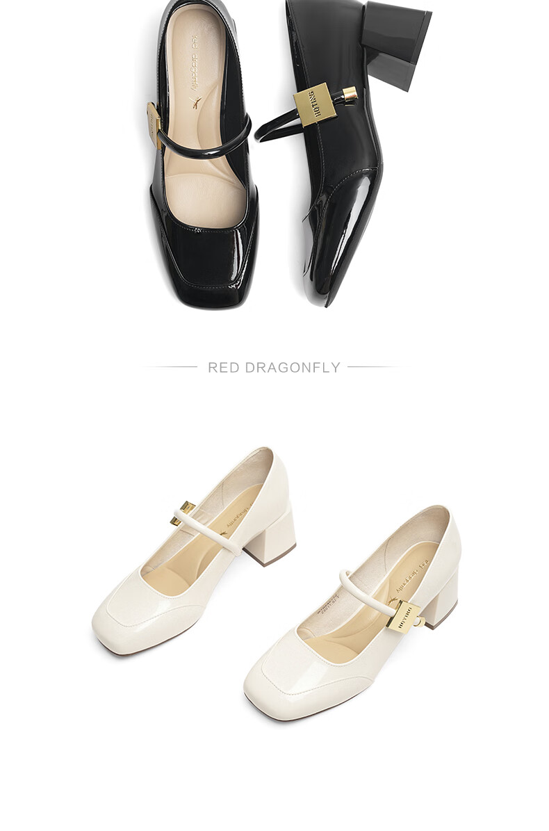 RED DRAGONFLY Mary Jane Shoes Spring And Autumn Elegant French Style Leather Shoes Chunky Heel Women's Pumps WTB24677 Black 36 4