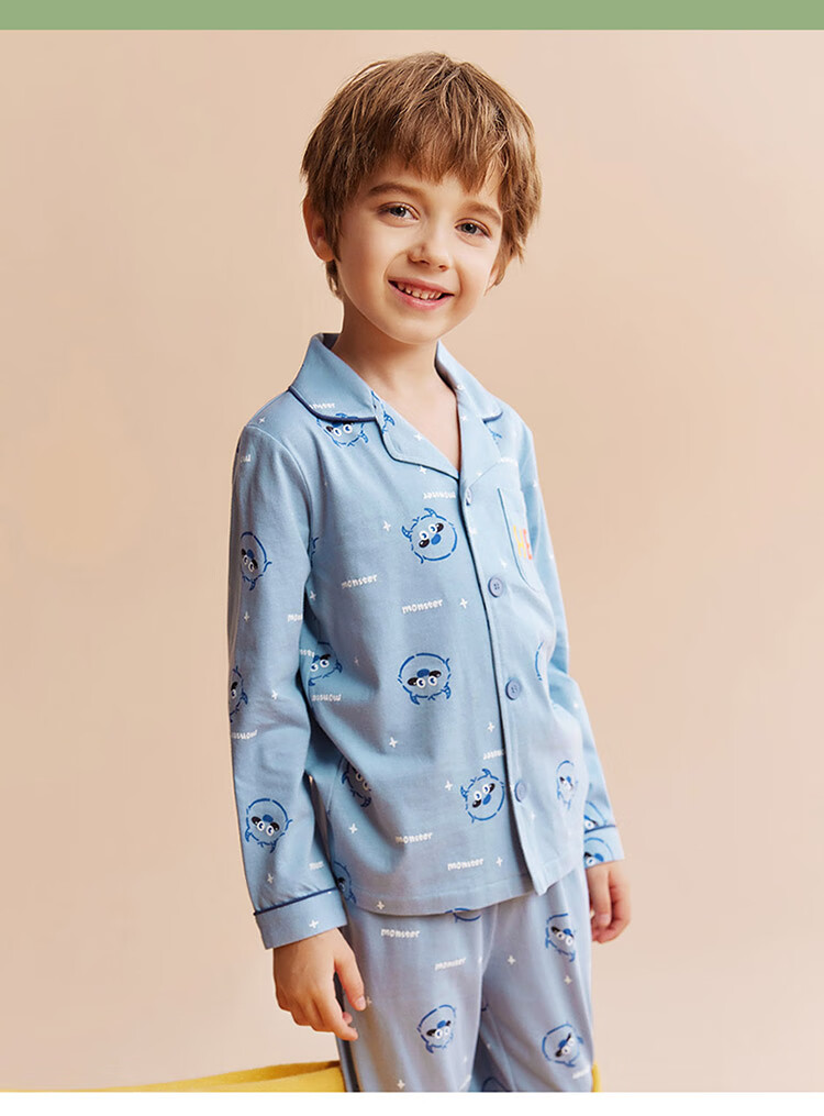 Dingguagua Children's Pajama Set, Spring And Summer Pure Cotton, for Older Boys, Home Wear with Open Front, Light Blue, Size 120 6