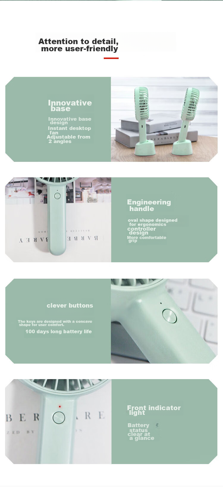 JD Original Handheld Desktop Dual-Use Portable Mini Fan, USB Rechargeable Quiet High-Power Electric Fan, Compact Personal Outdoor Camping Mini Desktop Fan, Mint Gree 14