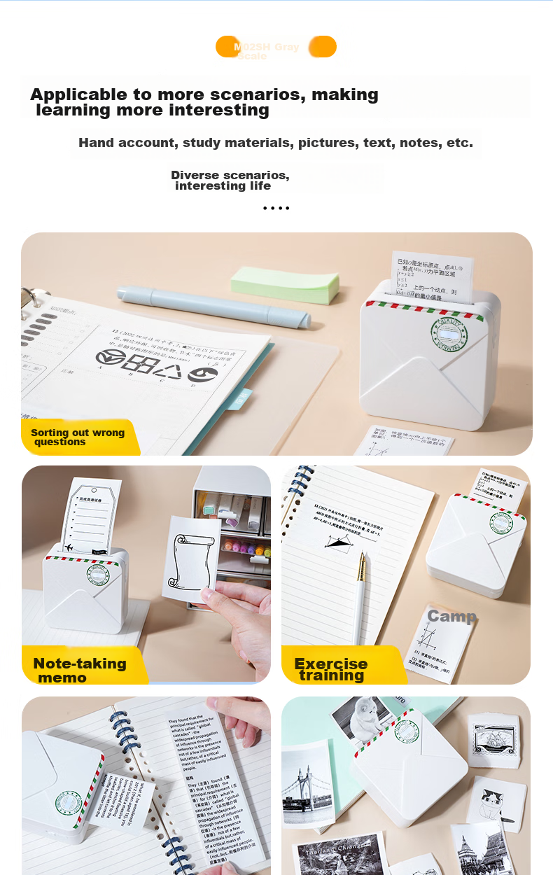MR.IN M02SH 2-Inch Ultra-Clear Gray Scale Error Printer with Adhesive, Perfect for Primary And Secondary School Students' Error Correction without Copying, Compact Home Mini Learning Printer 6