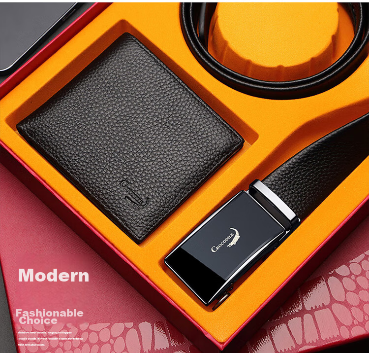 CROCODILE Men's Top-Grain Leather Business Automatic Buckle Belt + Wallet Gift Box, Birthday Gift for Men, 12869 2