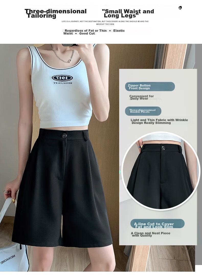 LangSha Women's Suit Shorts, Lightweight And Loose-Fitting for Summer Wear, Wide-Leg Five-Point Shorts, High-Waisted A-Line Slimming Casual Shorts 5