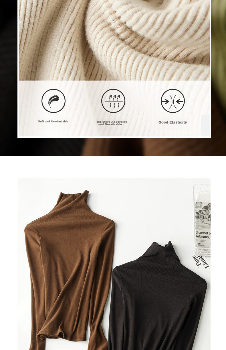 LangSha, De Rong Base Shirt, Ruched Turtleneck, Striped Inner Layer, Long-Sleeve Solid Color Autumn Shirt, Slim-Fit High-Elastic Base Underwear for Wome 5