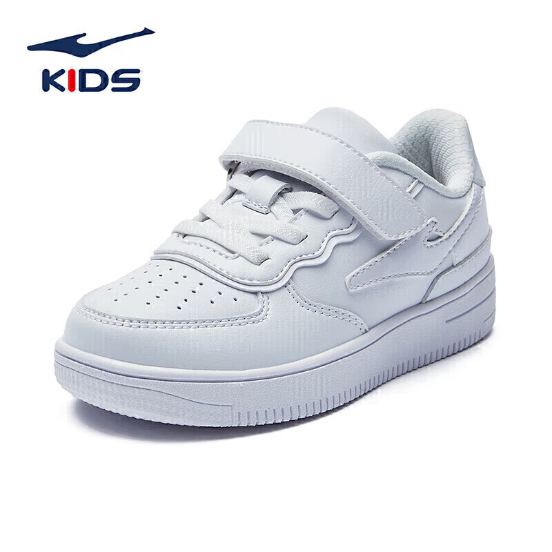 ERKE Children's Sports Shoes, Lightweight All-Leather Upper with Velcro, Boys' Casual Sneakers, Model 63122101131, White, Size 26