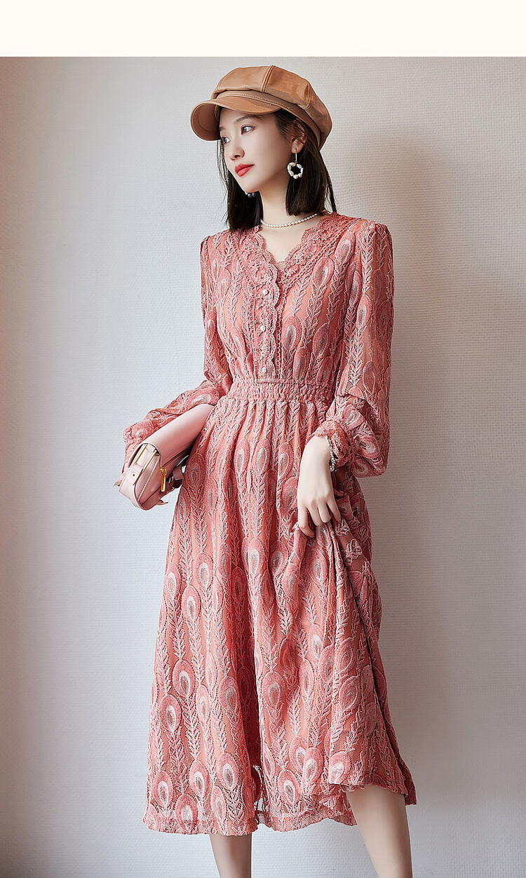 Dme [Retro Lace Design] Autumn French V-Neck Elastic Waist Puff Sleeve Midi Dress for Wome 12