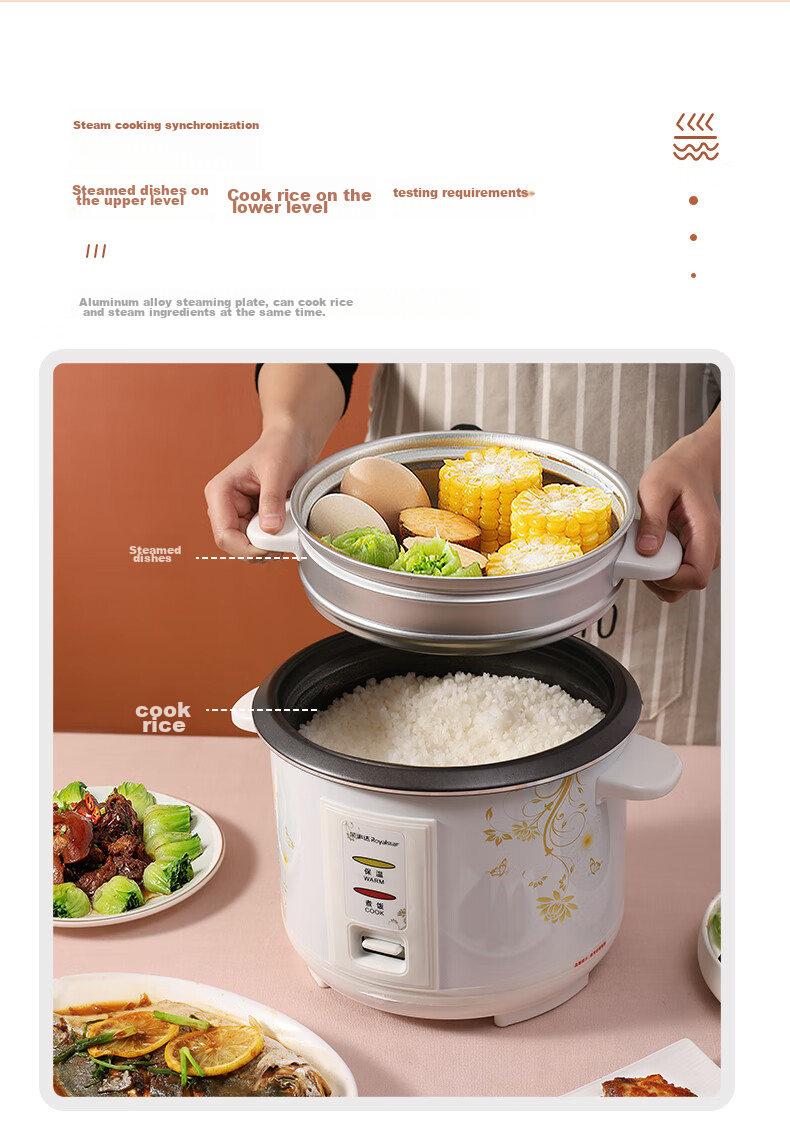Royalstar Home Rice Cooker for 4-5 People, Traditional Old-Style Electric Rice Cooker with Straight Pot Design, One-Touch Operation, Firewood Rice, Automatic Heat Preservation, Simple to Use for Elderly, Includes Steamer Basket, 5 Liters RZ-50B 10