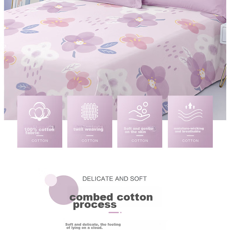 BEYOND Home Textiles Pure Cotton Bed Sheet with Printed Pattern, All-Cotton Duvet Cover, Single Piece Set, Floral (Purple) 200*230cm 5