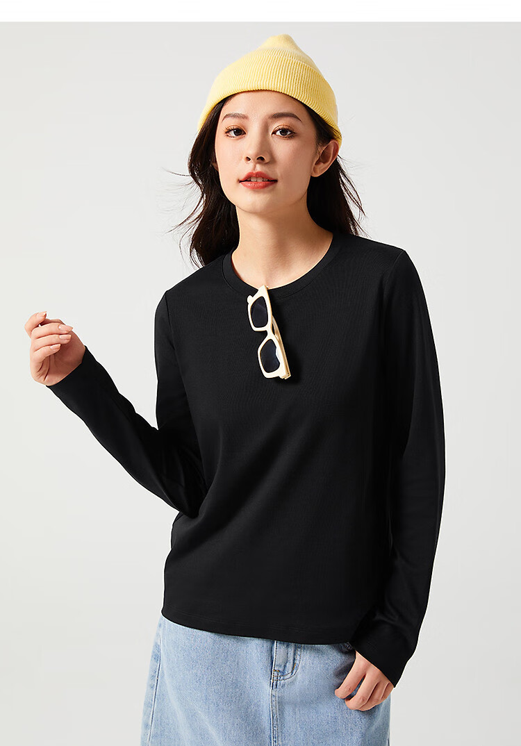 Zhuomuniao Black Pure Cotton Long-Sleeve T-Shirt for Women, Round Neck, Inner Wear, Spring And Summer, Loose Fit, Versatile, Slimming, Regular Shoulder, Base Layer Top, Black, 2XL 4