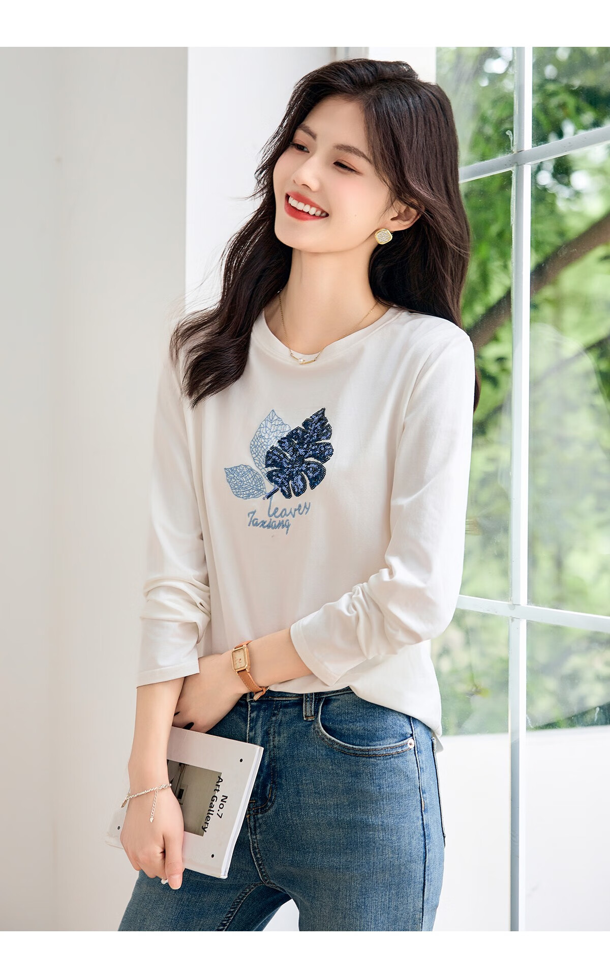 Taxiang Long-Sleeve T-Shirt for Women, Round Neck with Sequin Embroidery, Spring And Autumn Casual Versatile Ladies' Base Shirt T141T2719 9