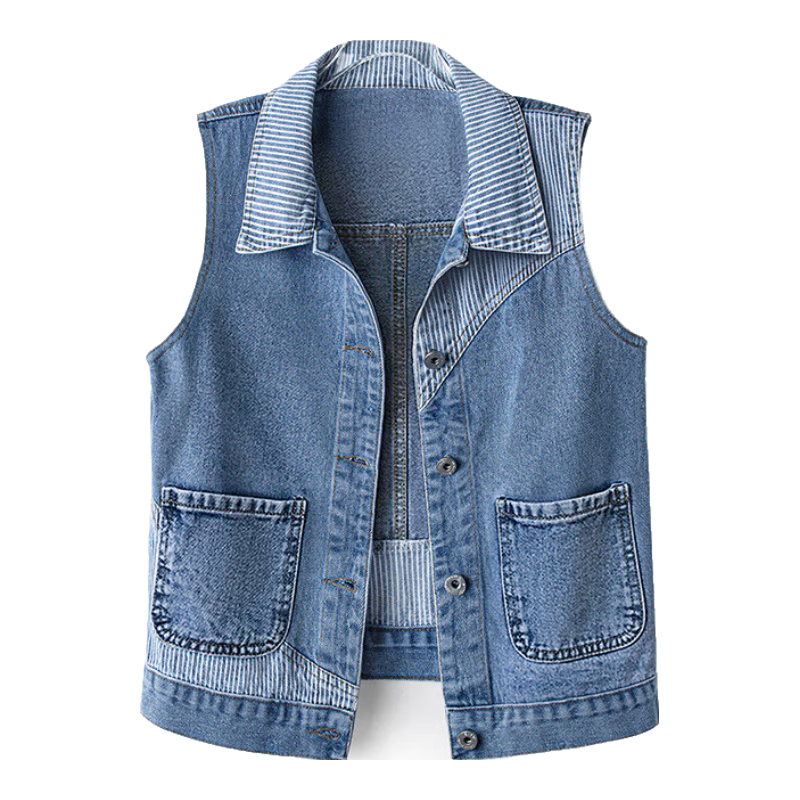 Cypress Denim Vest 2026 Spring Summer New Women's Commuter Washed Casual Striped Patchwork Top