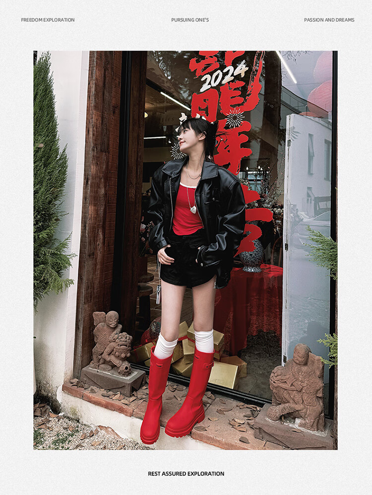 CAMEL Red Combat Boots, Stylish Rain Boots, Outdoor Shoes for Women, Water-Friendly Shoes, Waterproof Non-Slip Tall Boots 3008A 8