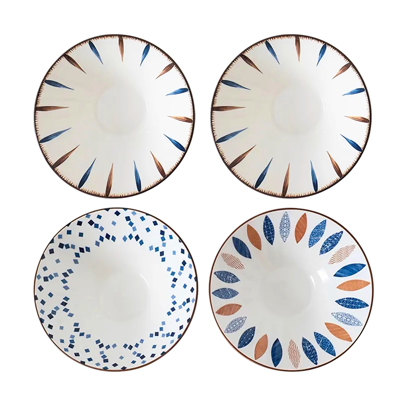 JIWUSENLIN Ceramic Noodle Bowls, Conical Bowls for Home Use, Large Bowls, Tableware, Ramen Bowls, Soup Bowls, Random Floral Patterns, 8 Inches, Set of 4